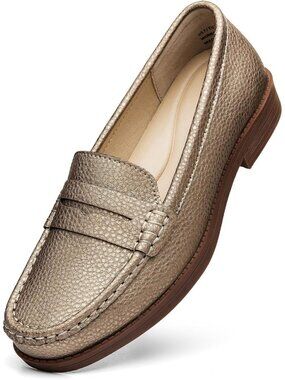 Women's Rose Gold Leather Penny Loafers Slip On Flats Comfortable Walking Shoes